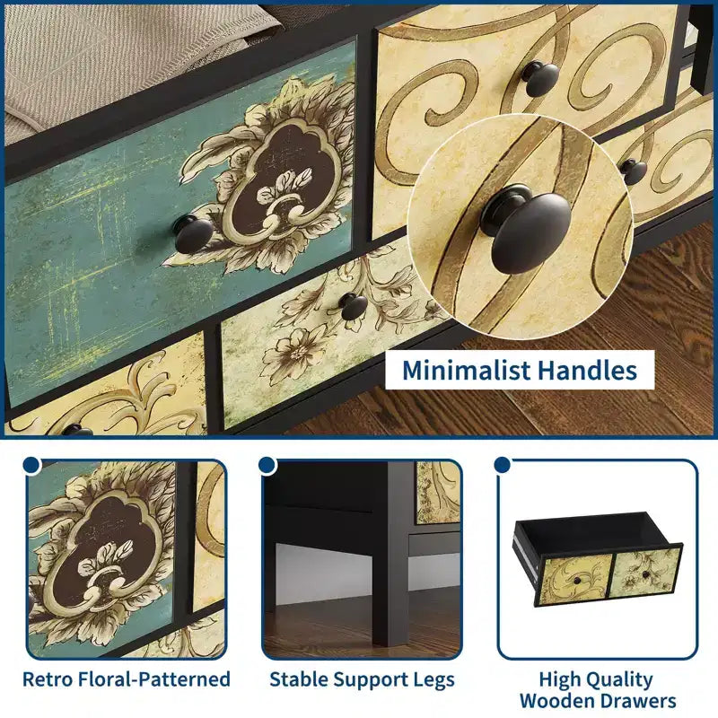 Cassettiera a 6 cassetti per camera da letto, cassettiera rustica in legno con maniglia in metallo, cassetto con motivo floreale retrò, cassettiera in stile rustico per camera da letto