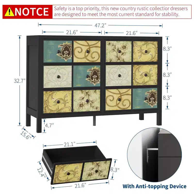 Cassettiera a 6 cassetti per camera da letto, cassettiera rustica in legno con maniglia in metallo, cassetto con motivo floreale retrò, cassettiera in stile rustico per camera da letto