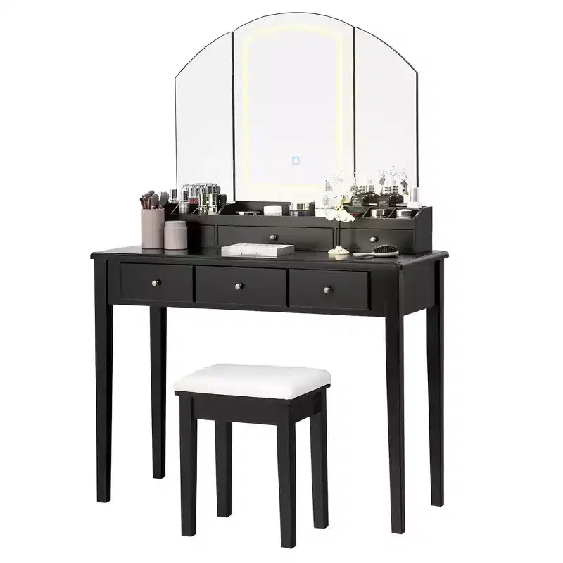 Specchiera da trucco Sgabello Grande specchio a tre ante illuminato Cassettiera a 6 cassetti Bianco/Nero