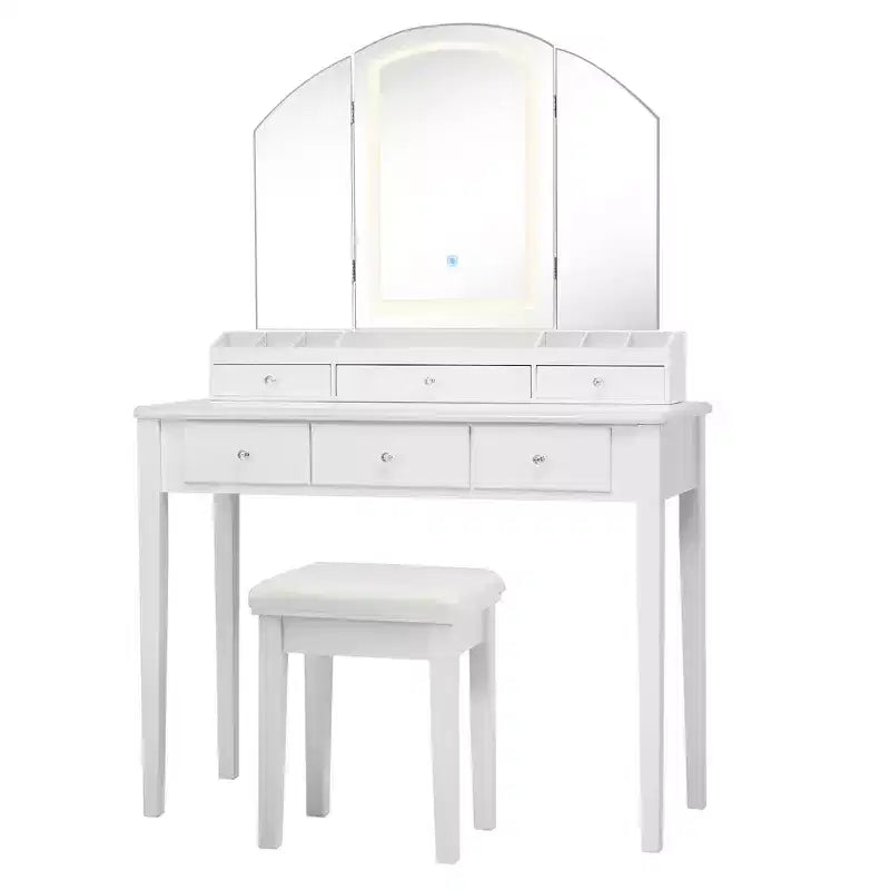 Specchiera da trucco Sgabello Grande specchio a tre ante illuminato Cassettiera a 6 cassetti Bianco/Nero