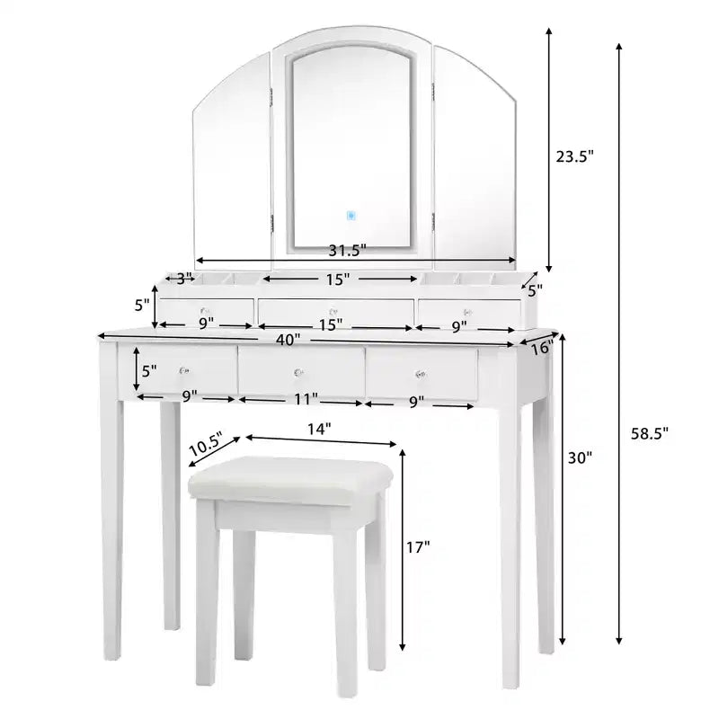Specchiera da trucco Sgabello Grande specchio a tre ante illuminato Cassettiera a 6 cassetti Bianco/Nero