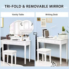 Specchiera da trucco Sgabello Grande specchio a tre ante illuminato Cassettiera a 6 cassetti Bianco/Nero