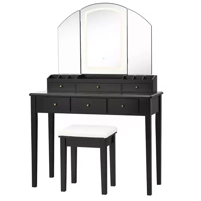 Specchiera da trucco Sgabello Grande specchio a tre ante illuminato Cassettiera a 6 cassetti Bianco/Nero