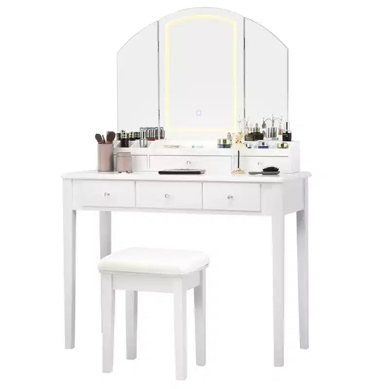 Specchiera da trucco Sgabello Grande specchio a tre ante illuminato Cassettiera a 6 cassetti Bianco/Nero