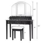 Specchiera da trucco Sgabello Grande specchio a tre ante illuminato Cassettiera a 6 cassetti Bianco/Nero