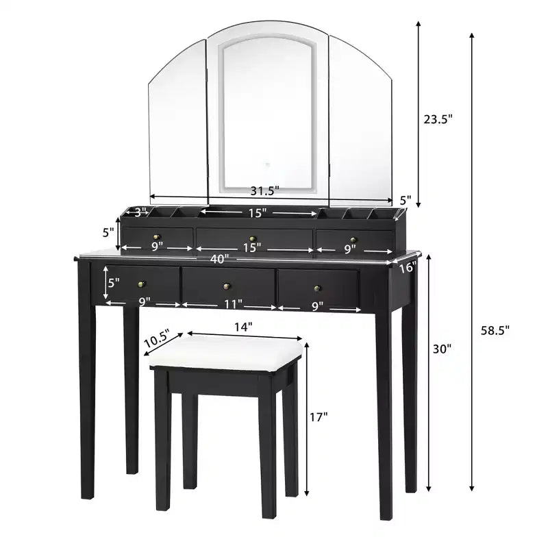 Specchiera da trucco Sgabello Grande specchio a tre ante illuminato Cassettiera a 6 cassetti Bianco/Nero