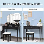 Specchiera da trucco Sgabello Grande specchio a tre ante illuminato Cassettiera a 6 cassetti Bianco/Nero