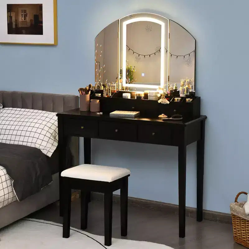 Specchiera da trucco Sgabello Grande specchio a tre ante illuminato Cassettiera a 6 cassetti Bianco/Nero
