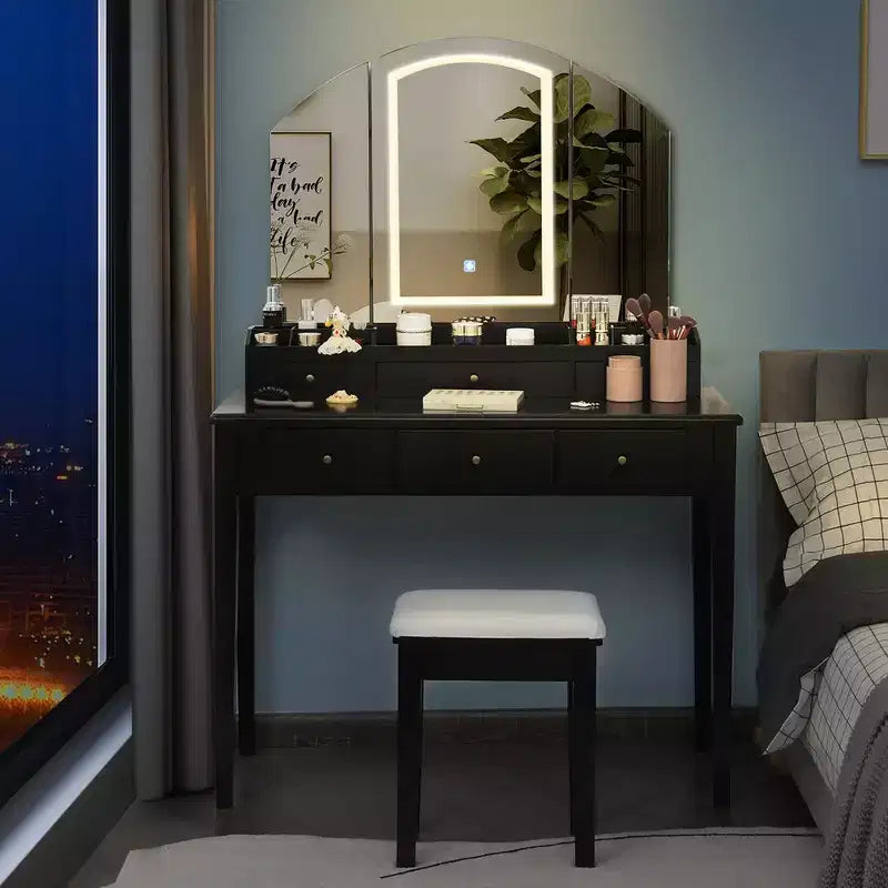 Costway Vanity Table Stool Set Large Tri-folding Lighted Mirror 6 Drawer Dresser White\Black