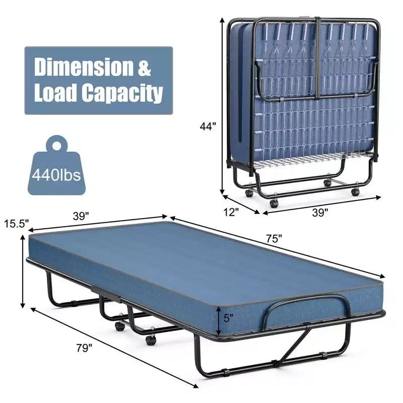Letto pieghevole con materasso in memory foam lettino portatile per ospiti, blu marino, Made in Italy