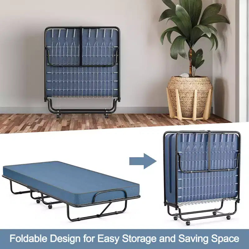 Letto pieghevole con materasso in memory foam lettino portatile per ospiti, blu marino, Made in Italy