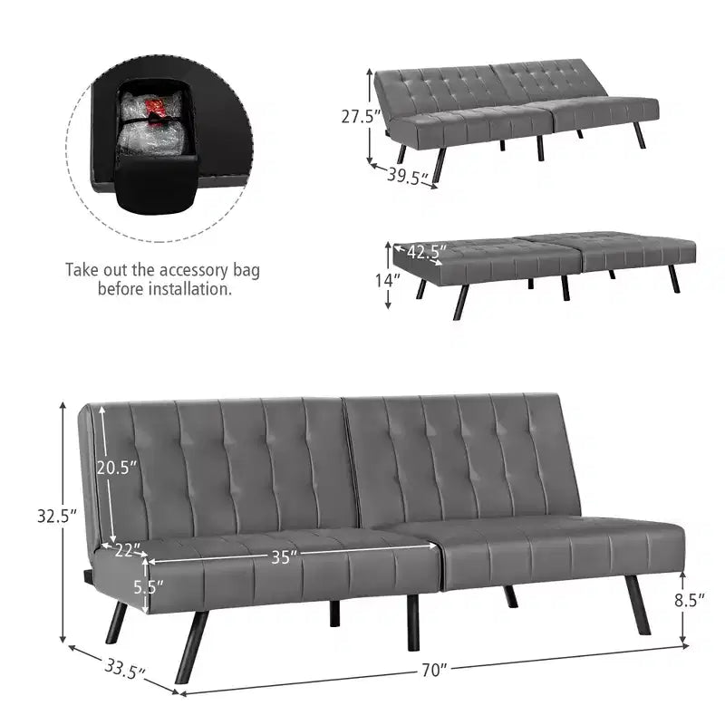 Futon Divano Letto in Ecopelle Convertibile Pieghevole per Soggiorno Bianco/Nero/Grigio